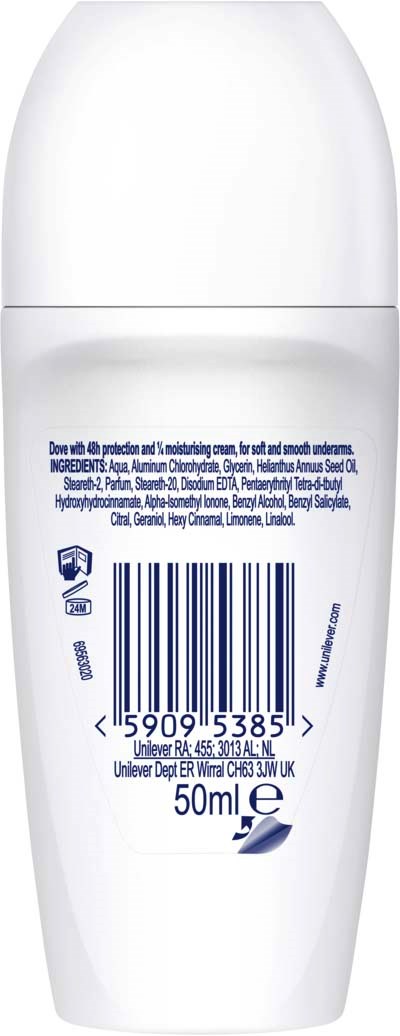 En vit lotionflaska med streckkod, liten text och lock, märkt 50 ml.
