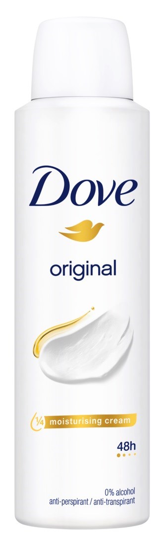 En vit spraydekodörspray från Dove med en gul kalkonlogo och krämillustration, märkt 'original' och 'fuktighetsbevarande kräm.'