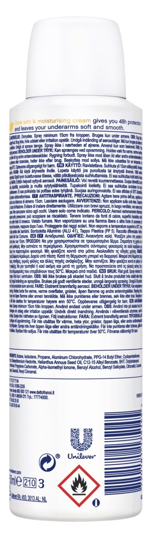 En aerosolburk med blå text, vit kork och farosymboler. Det är troligen en deodorant eller sprayprodukt.