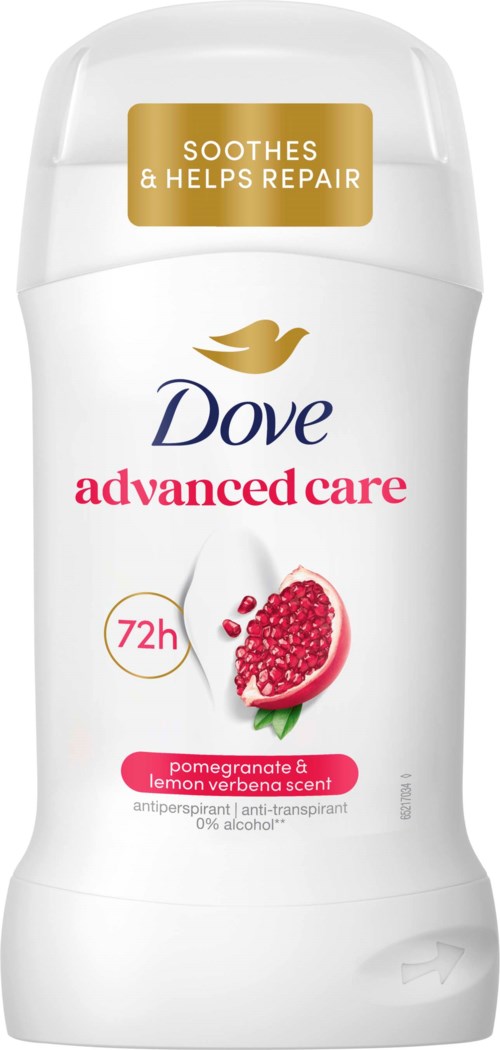 Dove deodorant bottle with pomegranate and lemon scent, says 72 hours protection, advanced care, and no alcohol.