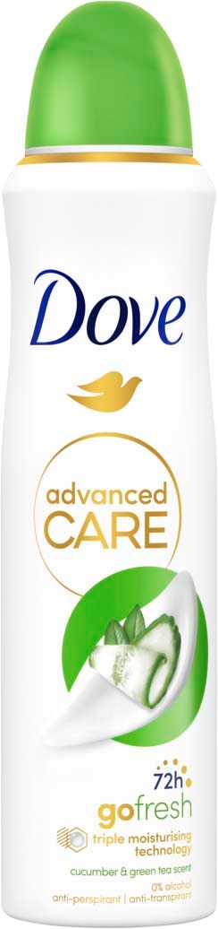 A Dove deodorant spray bottle with green cap, white body, and a label showing cucumber and green tea.