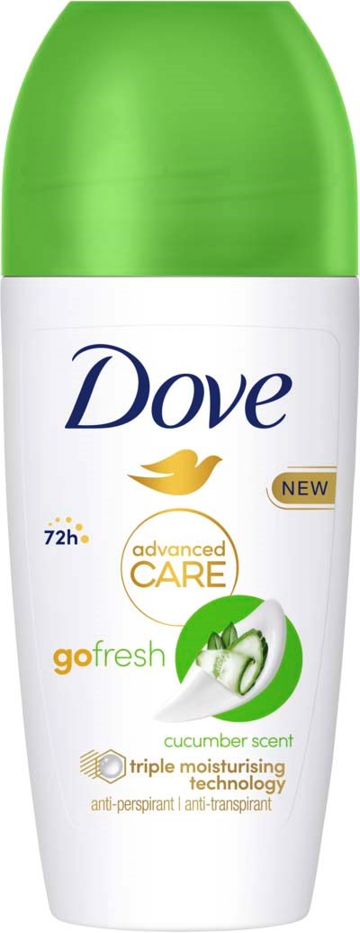 Dove-Deodorant mit grüner Kappe, Gurkengeschmack, und Hinweise auf fortschrittliche Pflege und Feuchtigkeits-Technologie.