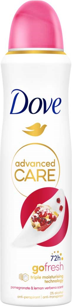 Dove deodorant stick with pink top, white body, and label counting 72 hours freshness and moisture.