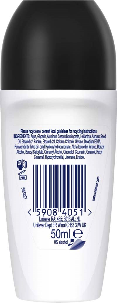 En vit och svart flaska med streckkod, volym 50 ml, och liten text och symboler.
