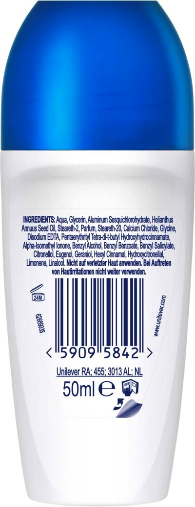 En vit flaska med blå kapsyl, innehåller ingredienslista, streckkod, volym på 50 ml och återvinningssymboler.