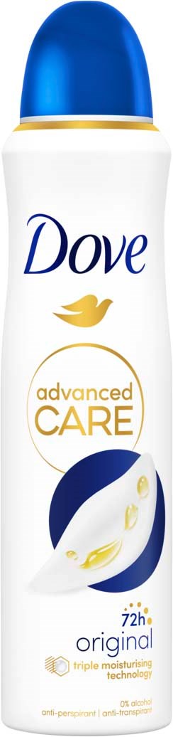 A Dove deodorant with a blue cap, white bottle, and gold and blue lettering. It features "advanced CARE" and "72h" protection.