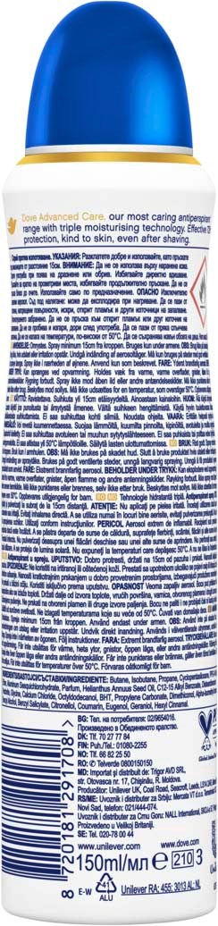 A spray can with a blue cap and a label filled with small, detailed text.
