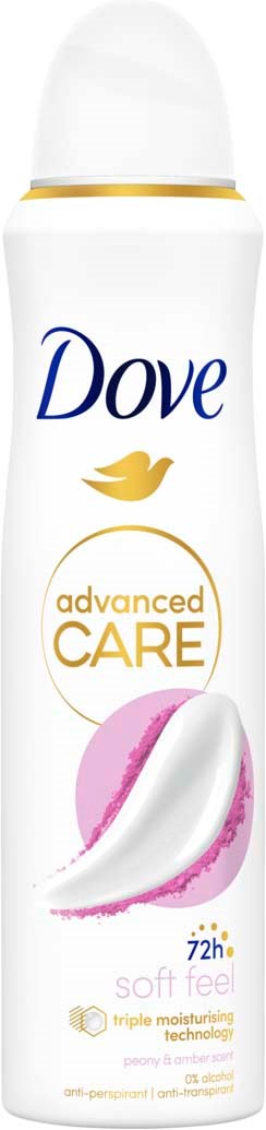 A white deodorant spray with the Dove logo, gold bird, and pink and white design. The label says 'advanced CARE' and '72h'.