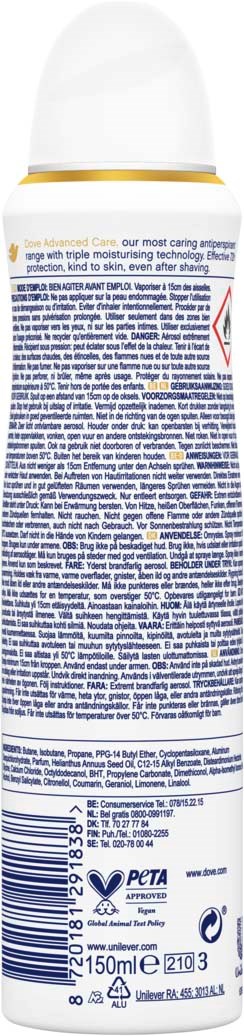 A spray deodorant can with text, a barcode, and symbols, including a logo for PETA.