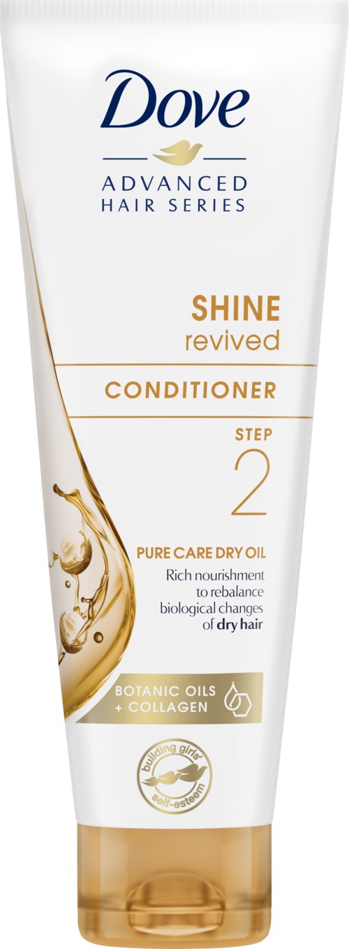 Dove Advanced Hair Series Shine Revived Conditioner, Schritt 2, für trockenes Haar mit botanischen Ölen und Kollagen.