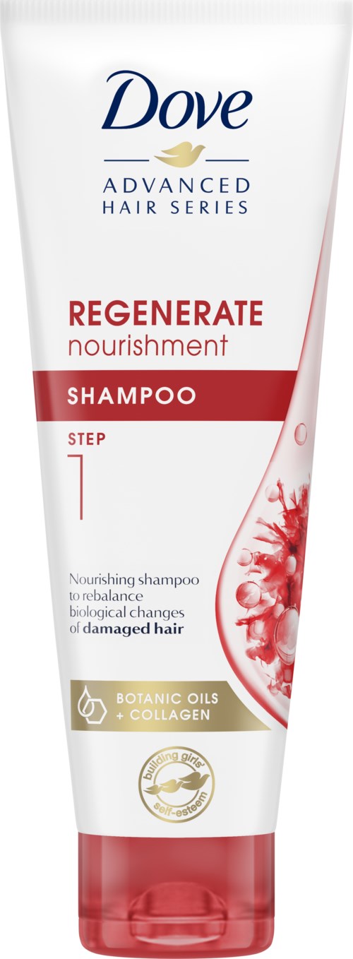 Dove shampoo fra Advanced Hair Series til skadet hår med botaniske olier og kollagen i en hvid og rød flaske.