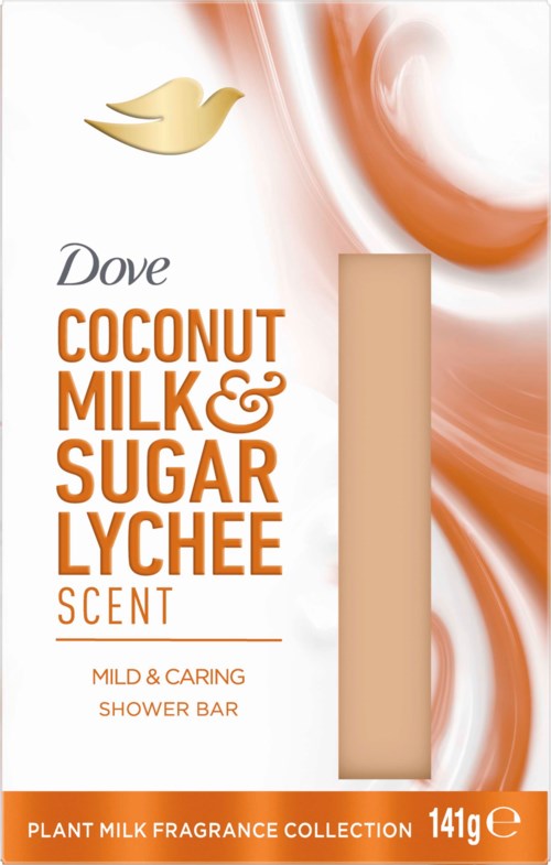 Dove kokosmelk og sukker lychee duft dusjbar emballasje med myk krem- og oransje virvler og en beige bar.