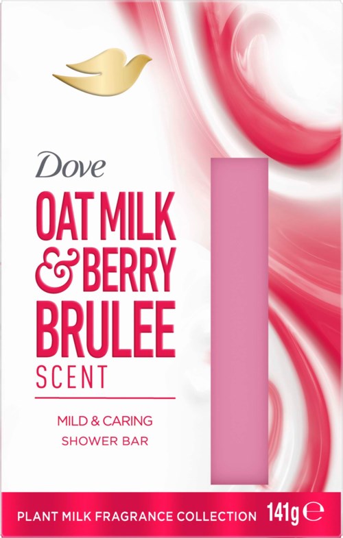 Dove Oat Milk and Berry Brulee dusjbar innpakking med rosa og hvit design og en rosa såpe.