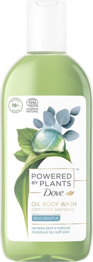Grön flaska med Dove oljebody wash med eucalyptusdoft och naturliga ingredienser. Passar för mjuk hud.