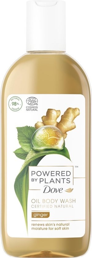 En klar flaska innehåller ingefäradoftande oljebodywash med naturliga ingredienser och vit kork.