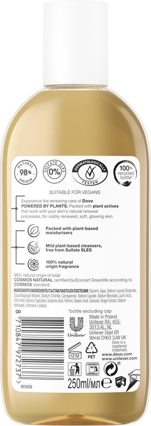 En tydlig flaska med vit lock, märkt med flera ikoner och text om veganska och naturliga ingredienser, 250 ml.