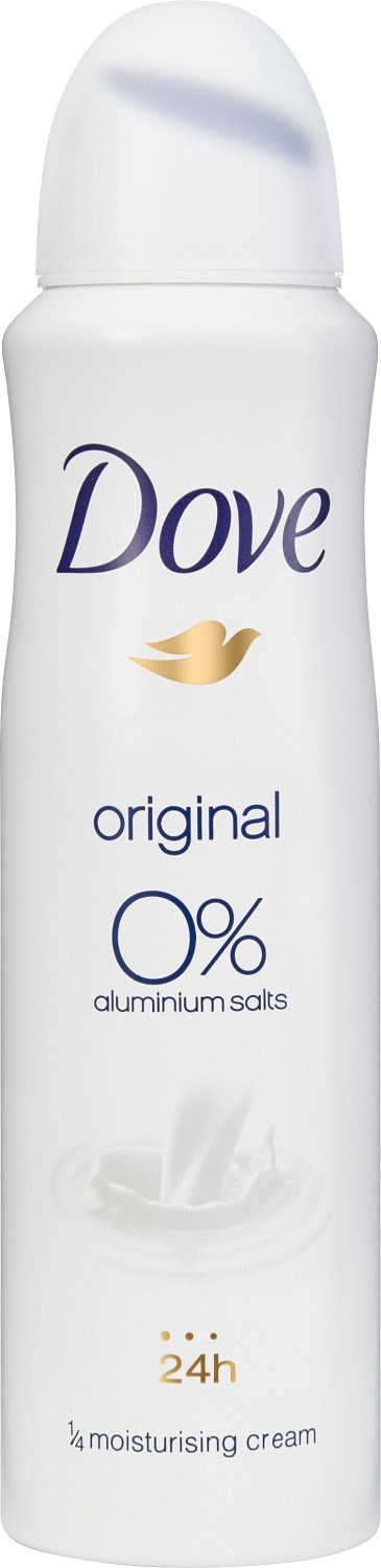 En vit Dove-deodorantspray med en guldfärgad fågel, nämner 0% aluminiumföreningar, 24-timmars återfuktning och originaldoft.