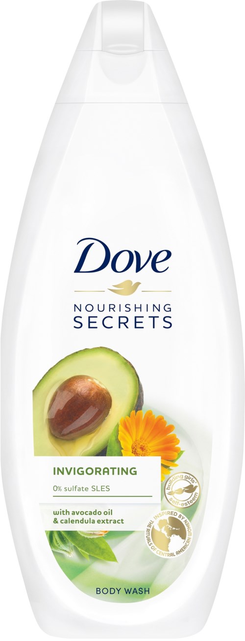 Eine weiße Flasche Dove pflegende Körperwäsche mit Avocado und Ringelblume. Mit Deckel und Zutatenliste.