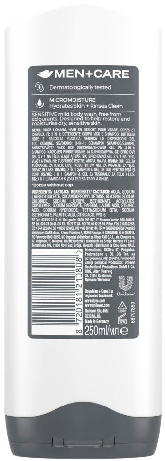 Dove Men+Care 3-In-1 Sensitive Shower Gel 250 ml
