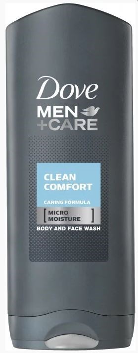 Dove Men + Care kropp- och ansiktstvättflaska, grå färg, märkt 'Clean Comfort' med micro moisture.