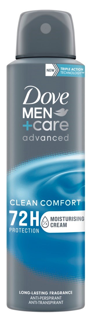 A Dove Men+Care deodorant spray bottle with blue and gray design, says it offers 72-hour protection and moisturising cream.