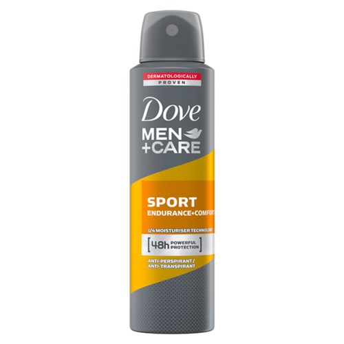 En grå och gul sprayflaska med Dove Men+Care Sport antiperspirant och lock.