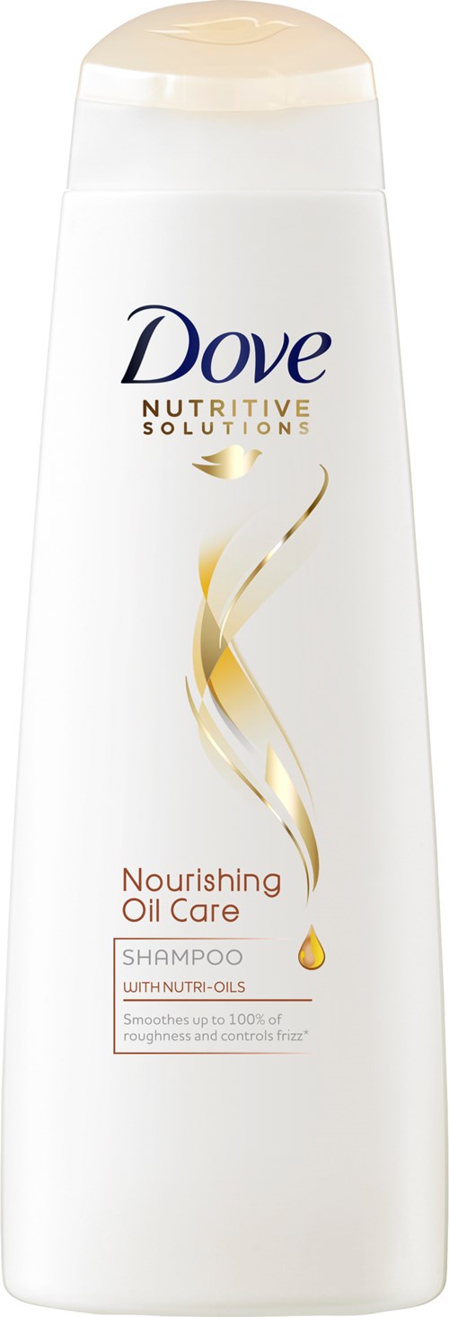 En vit schampoflaska med guld- och blå accenter, märkt 'Dove Nutrive Solutions Nourishing Oil Care' och 'för med nutri-ol GO'.