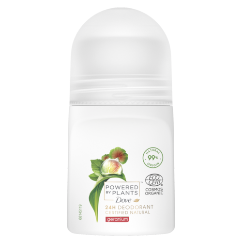 En vit roll-on deodorantflaska med en grön fikonplanta och blad, med miljövänliga och naturliga produktmärken.