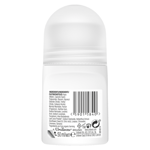 En vit roll-on deodorantflaska med etikett med ingredienser och streckkod, från Unilever. Storlek 50 ml.