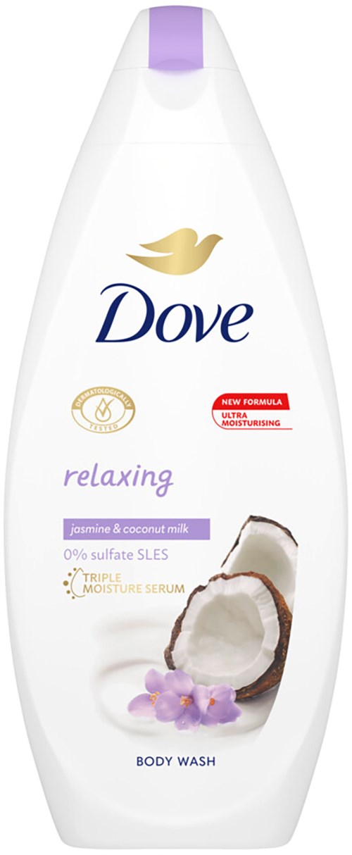 A white Dove body wash bottle with a purple cap, coconut image, purple flowers, and text about gentle, relaxing scent.