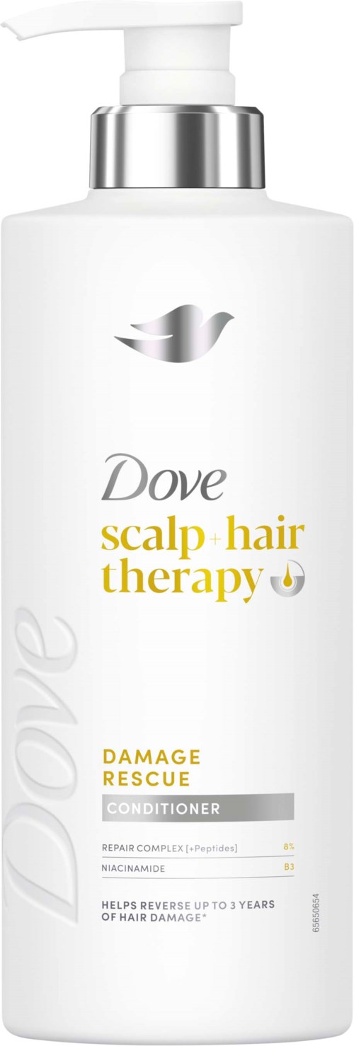 Dove scalp hair therapy conditioner bottle with a silver cap and white label showing product name and details.