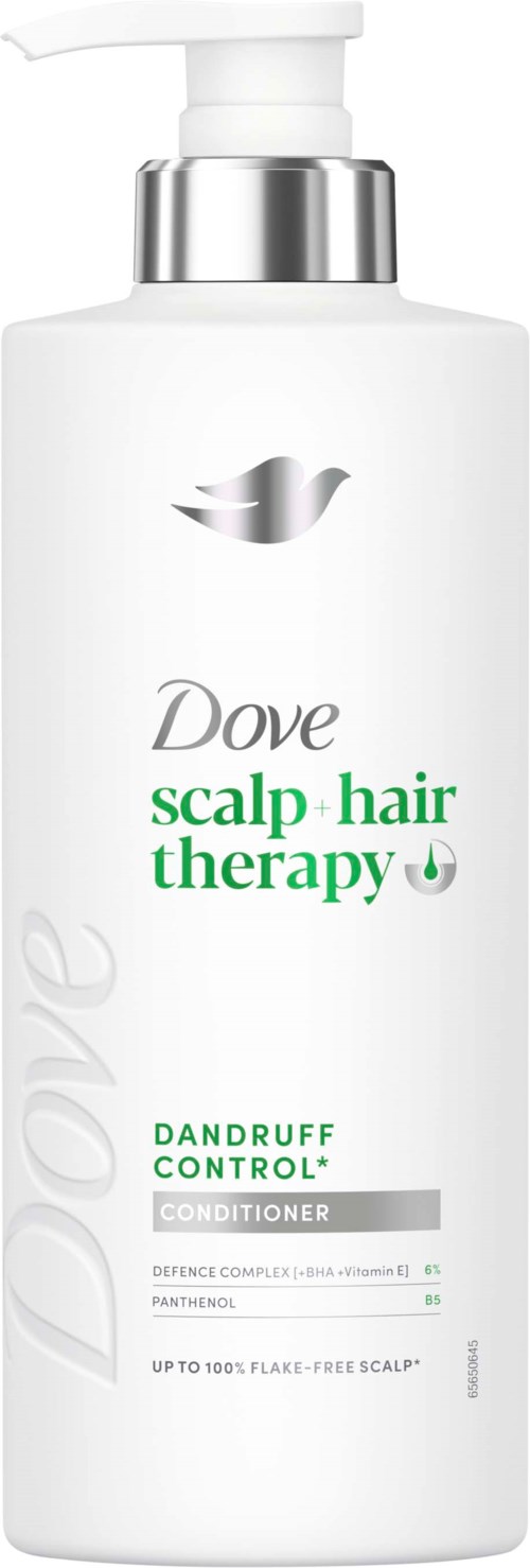 White bottle of Dove scalp hair therapy conditioner with silver cap and green and gray text.