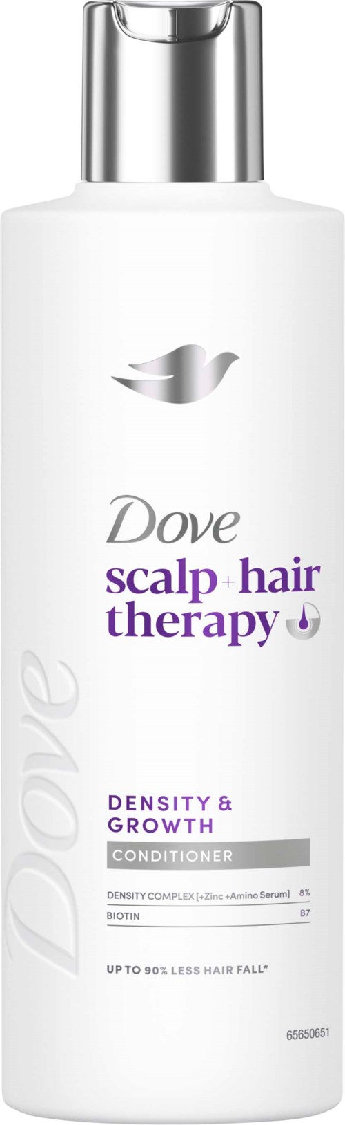 White bottle with a silver cap, Dove logo, and purple and gray text, indicating scalp and hair therapy conditioner.