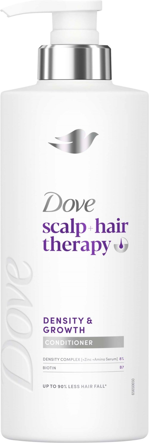 Dove Scalp and Hair Therapy conditioner bottle with a white background and silver cap. Text mentions serum, growth, and reduced hair fall.
