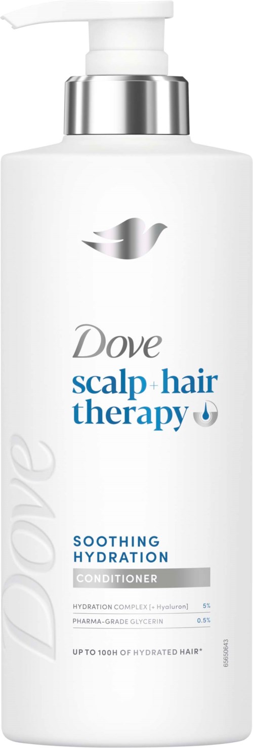 Dove scalp and hair therapy conditioner bottle with pump and label showing product details.