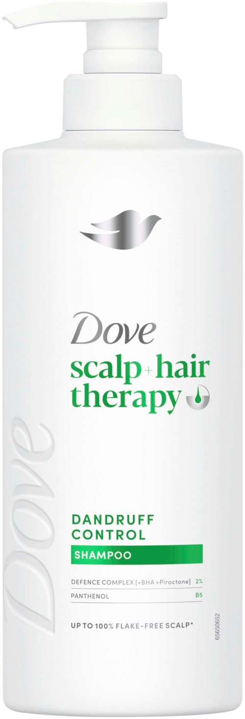 A white bottle of Dove scalp hair therapy dandruff control shampoo with a pump top and green text on the label.