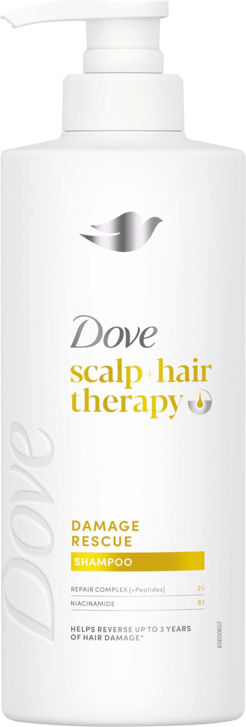 White Dove shampoo bottle with a pump, labeled for scalp and hair therapy, adds damage rescue, and helps improve hair health.