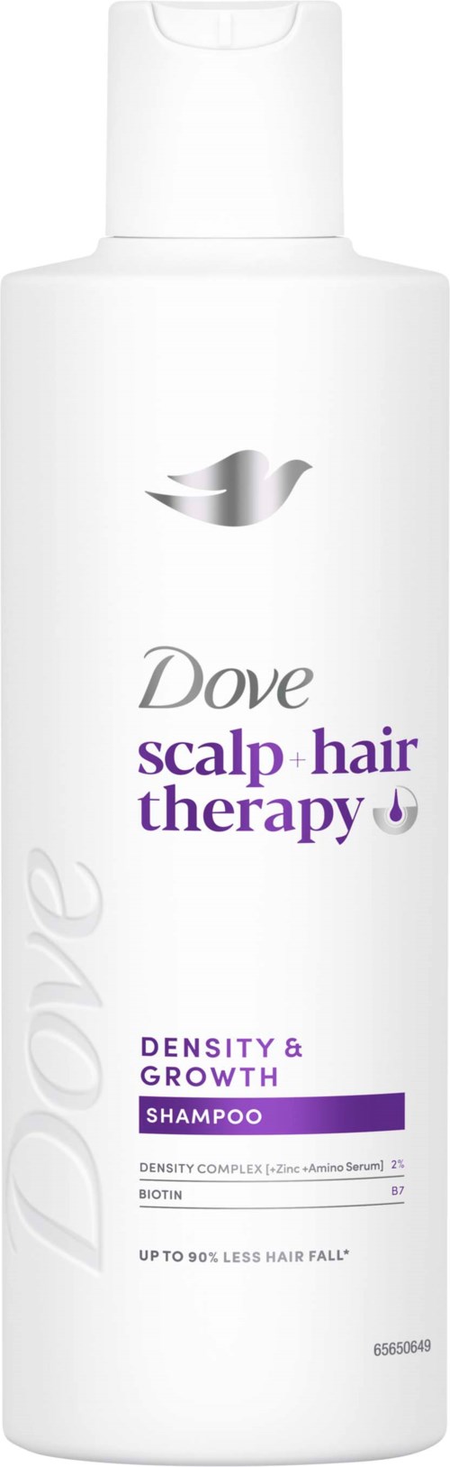 White shampoo bottle with Dove logo, labeled scalp hair therapy, density and growth shampoo, and a purple stripe.
