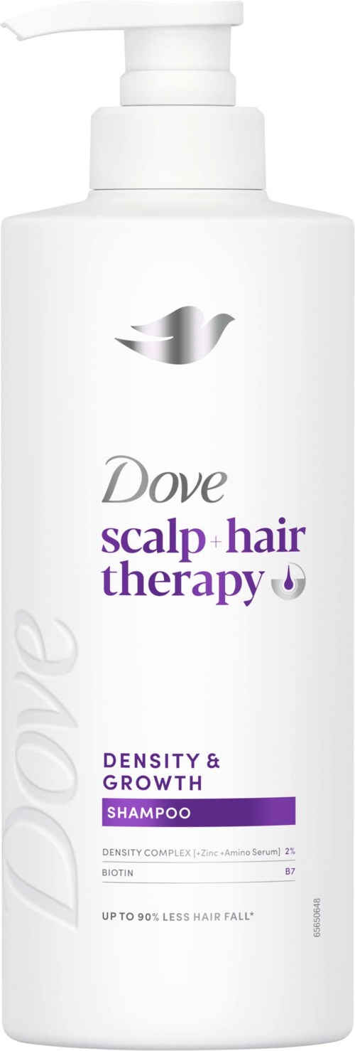 Dove shampoo bottle with scalp and hair therapy labels for density and growth.