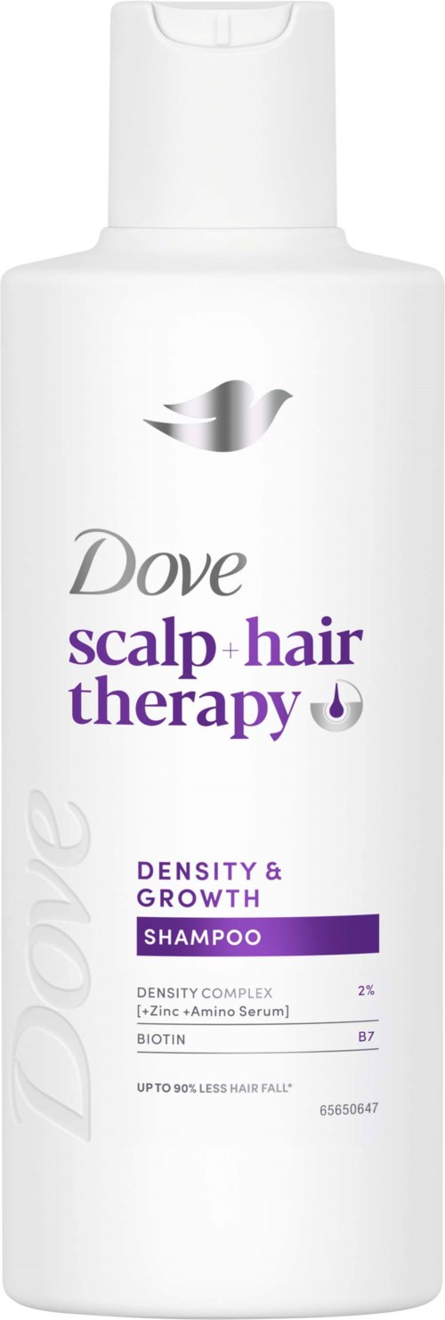 Dove shampoo bottle labeled scalp and hair therapy for density and growth.