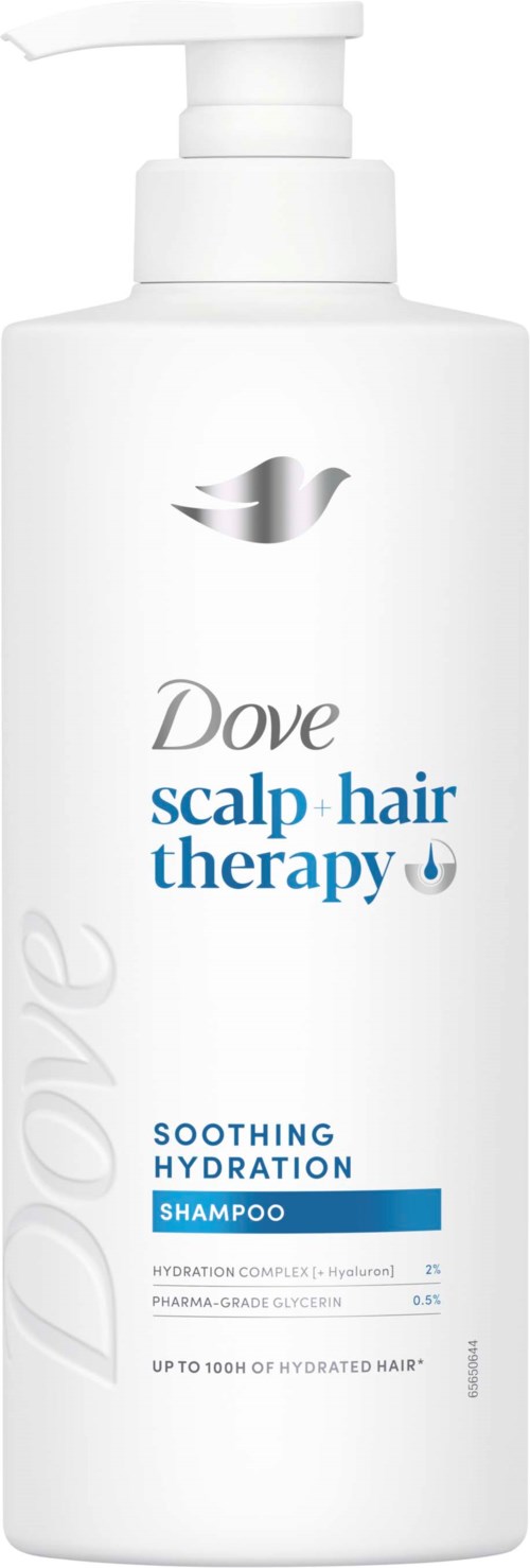Dove scalp and hair therapy soothing hydration shampoo bottle with white pump and blue label.