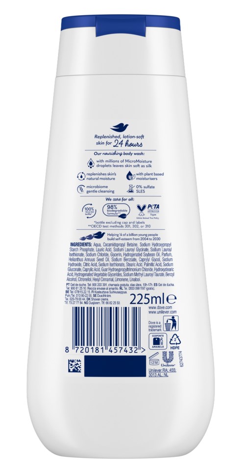 A white bottle with a blue cap, containing skin-sensitive body wash for 24 hours, 225ml size, barcode, and various symbols.