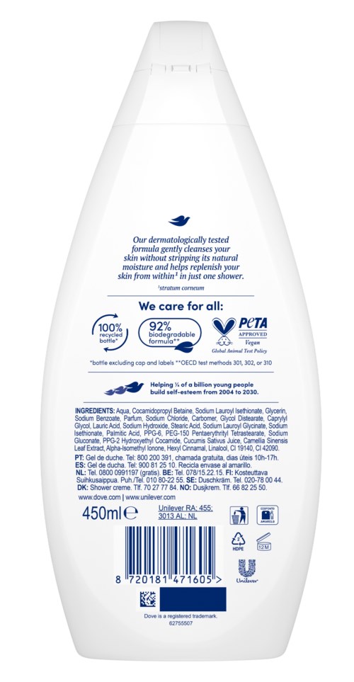 A white bottle with blue and black text, showing ingredient information, a barcode, and recycling symbols.