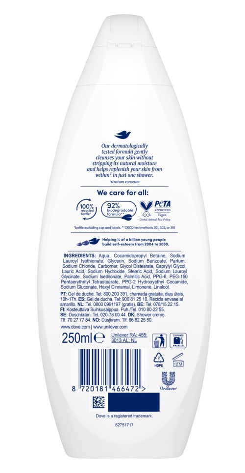 En vit flaska med blå text och logotyper, innehållande 250 ml produkt, troligen schampo eller kroppstvätt.