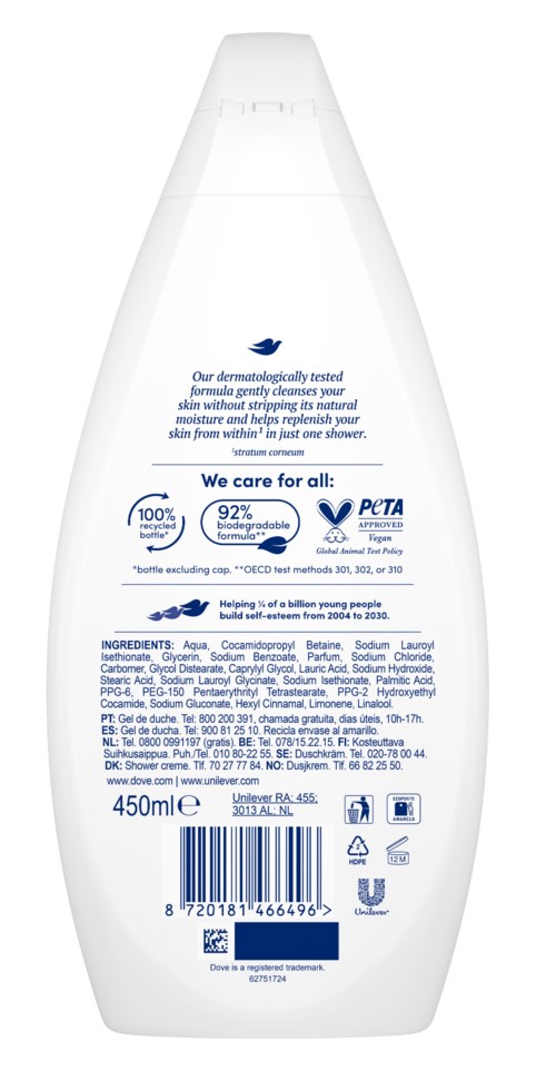 En vit flaska med blå text, innehållande lotion eller schampo, visar ingredienser, symboler och streckkod på baksidan.