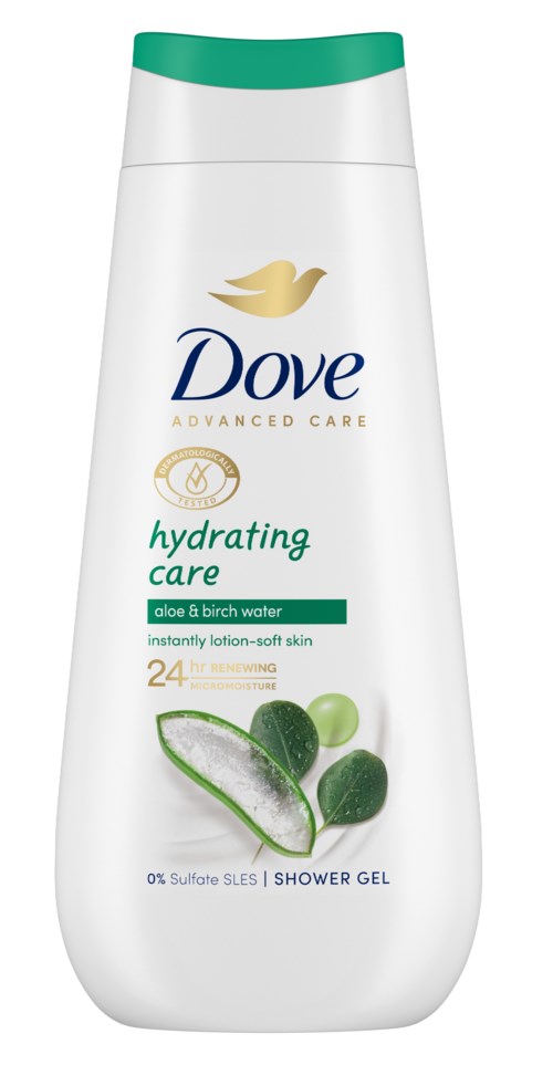 Plastflaska för duschgell med Dove-logga, grönt lock, aloe och björkvatteningredienser samt bild av aloe och gröna bollar.