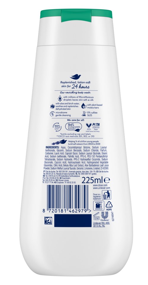 Vit flaska med grönt lock, innehåller lotion eller schampo, märkt med produktdetaljer, volym 225 ml, med streckkod.