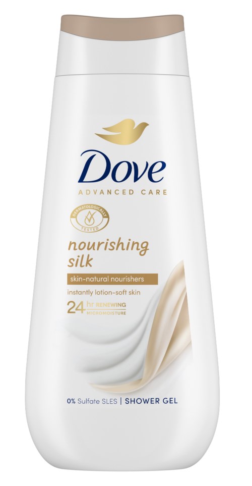 Dove duschtvål med närande silke, mjuk hud och 24-timmars fräschhet. Enkel vit flaska med guld- och blå logo.