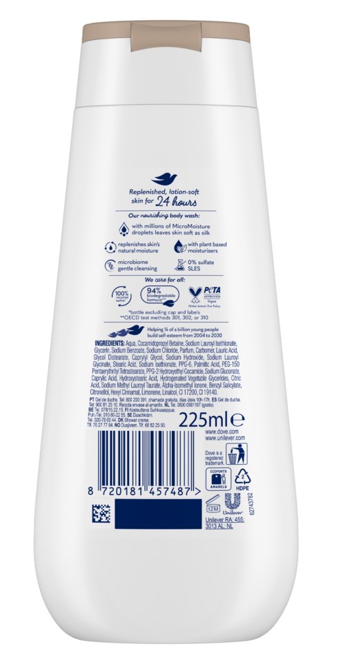 Vit flaska med blå text, nämner hudvårdsprodukt, 225 ml storlek, och 24-timmars återfuktning. Innehåller streckkod och symboler.