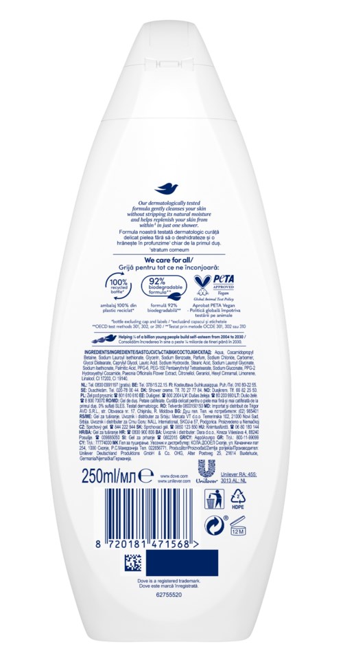 En vit flaska med blå och svart text, lättöppnad lock och märkt 250 ml. Innehåller en rengörings- eller personlig produkt.